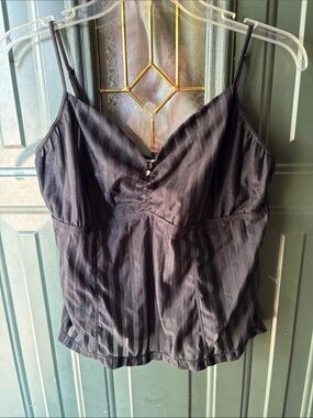 Black Striped Satin Cami Tank with Button Detail
